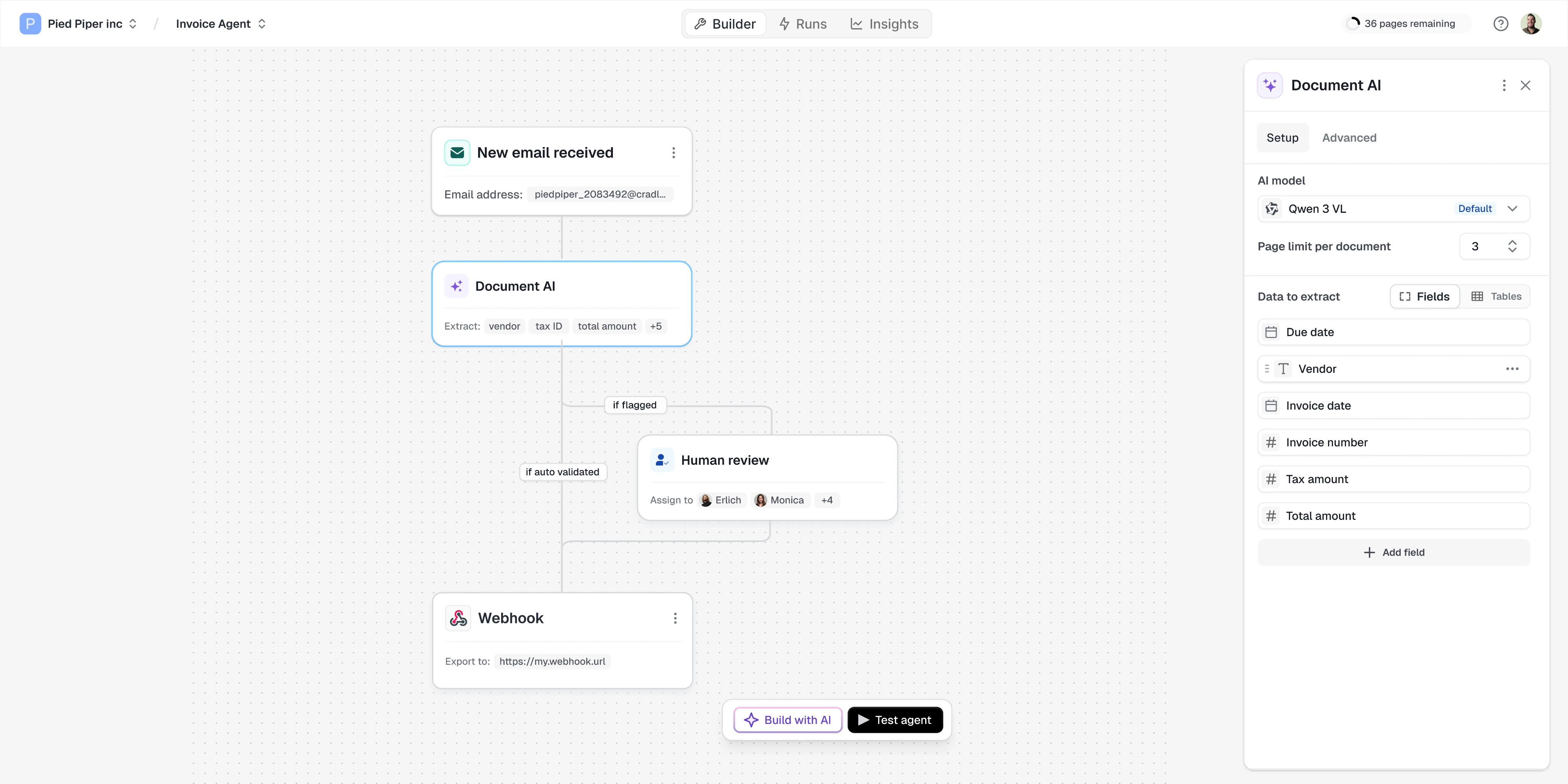 Cradl AI agent builder extracting invoice fields and routing uncertain results to human review