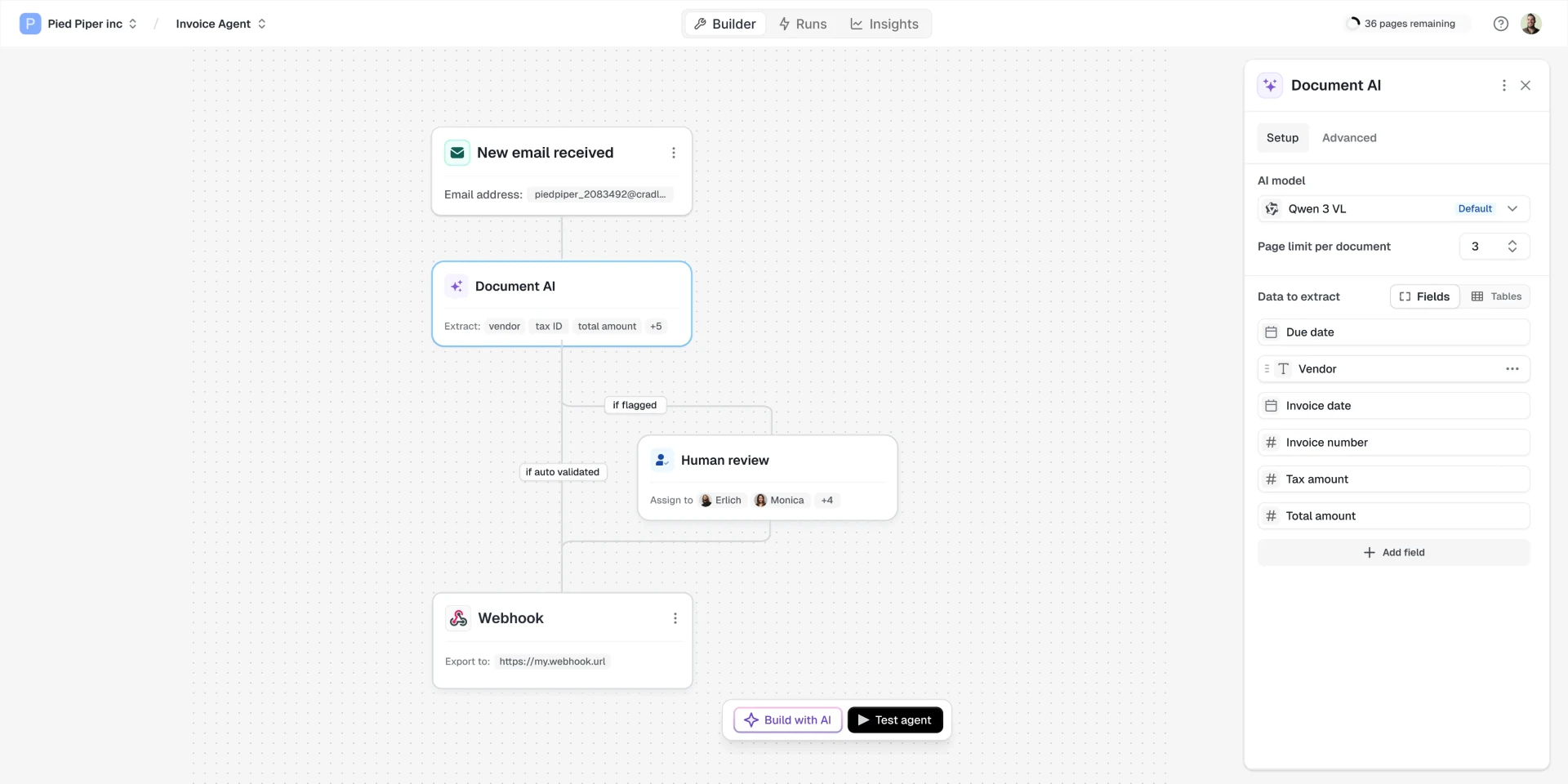 Cradl AI agent builder extracting invoice fields and routing uncertain results to human review