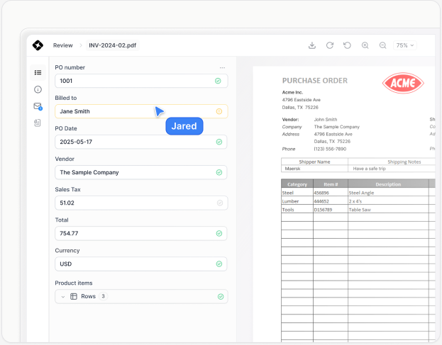 Human review interface for validating extracted document data