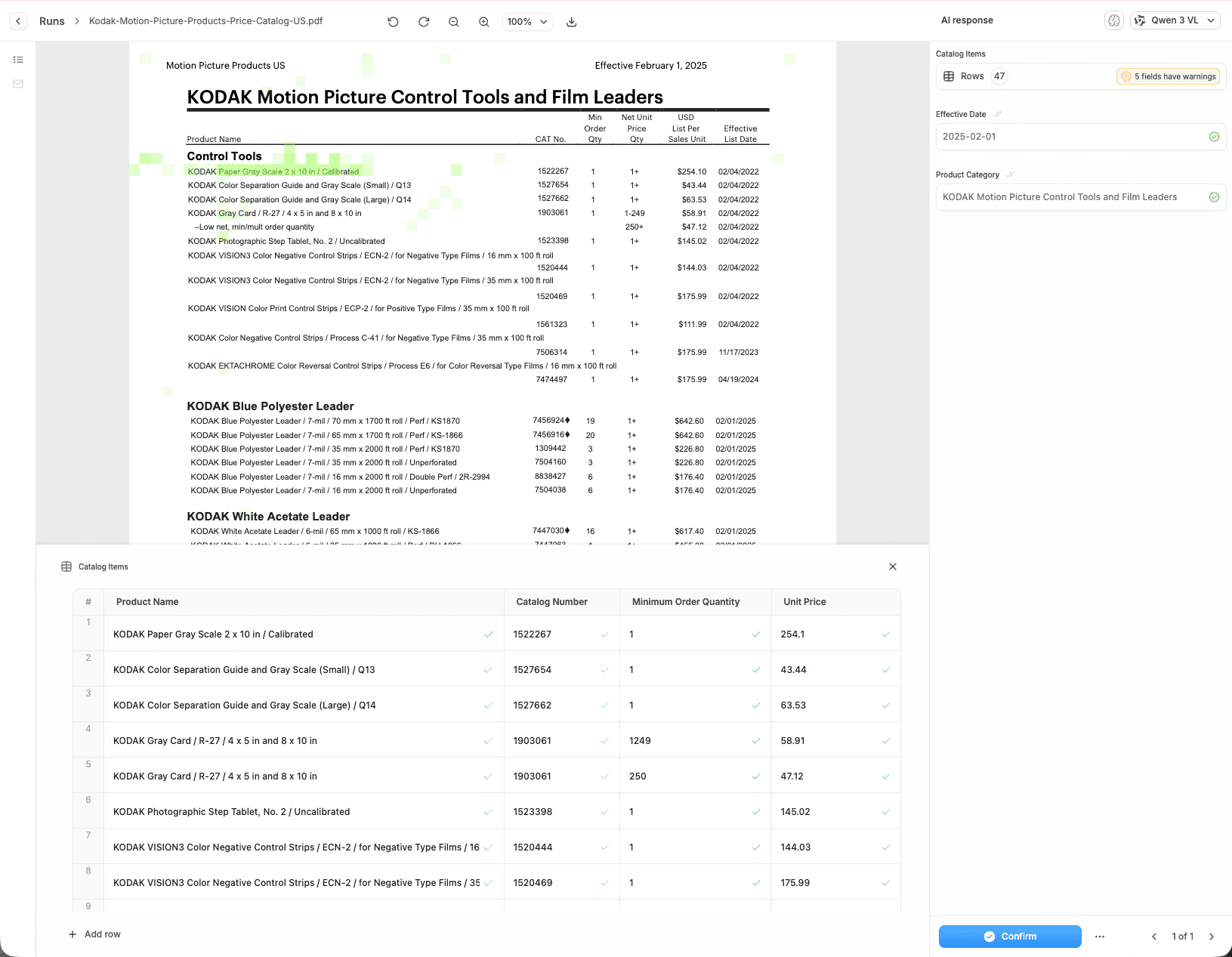 Validating extracted PDF table in a human-in-the-loop interface