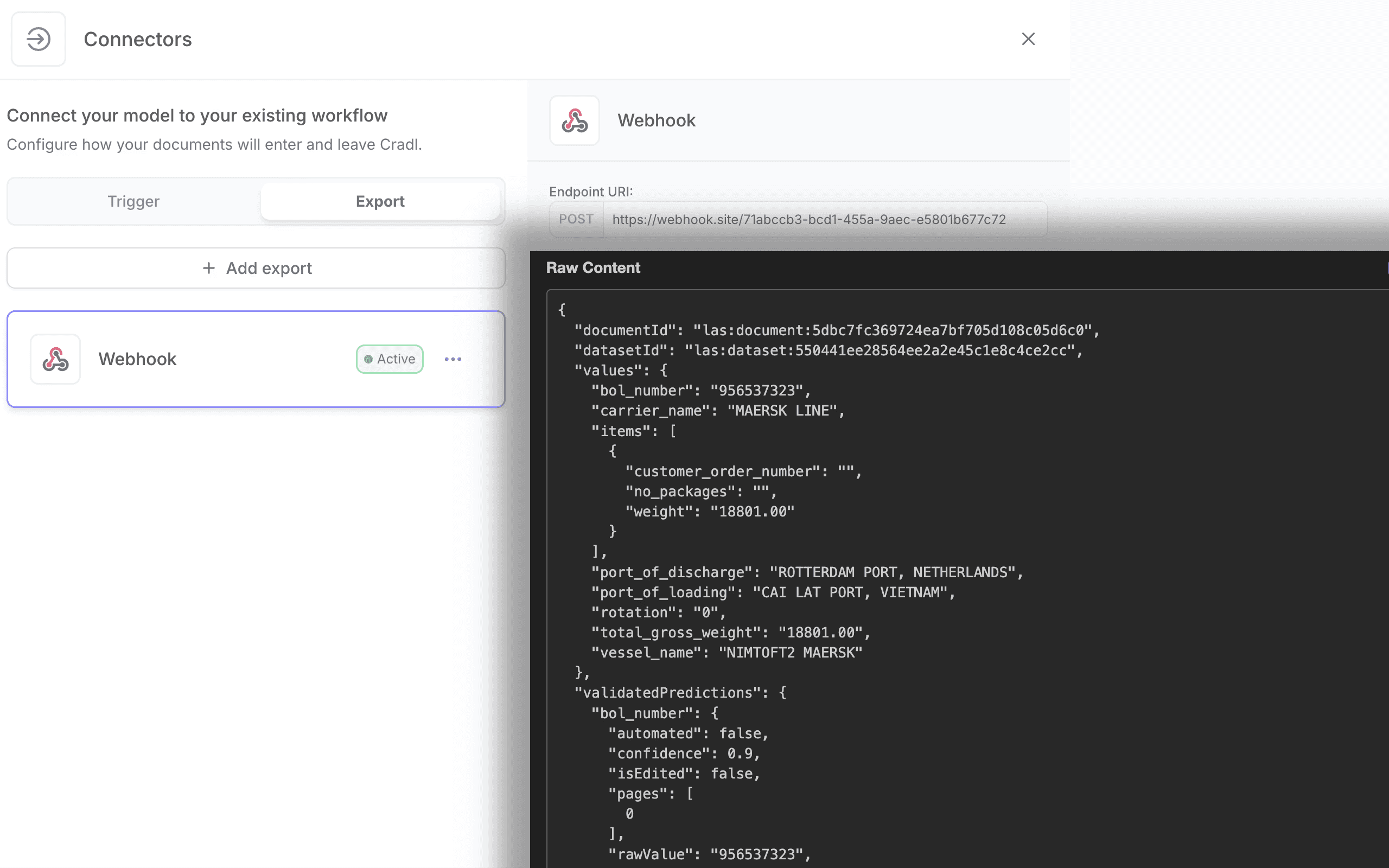 Screenshot from inside the Cradl AI app, displaying the webhook interface overlapped by the JSON output of a webhook call