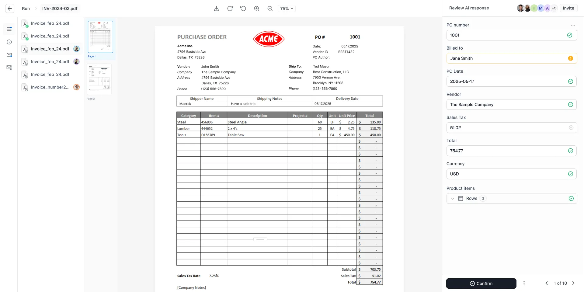Cradl AI review interface showing extracted purchase order fields